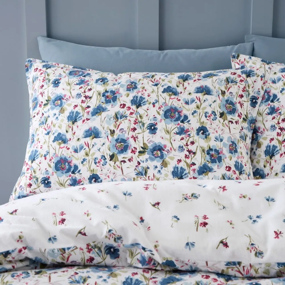 Fehér-kék kétszemélyes flanel ágyneműhuzat 200x200 cm Ophelia Floral – Bianca
