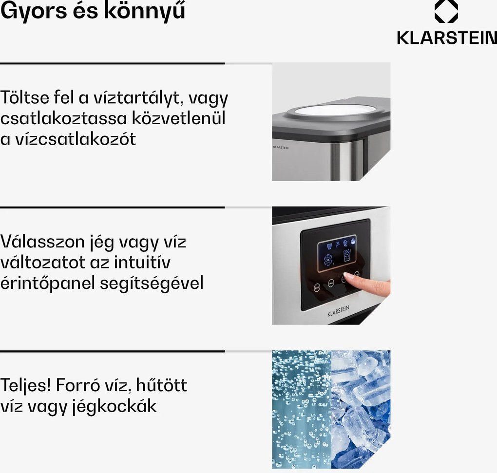 Klarstein Aqueous, jégkocka készítő 3 az 1-ben, jégkocka, 20 kg/24 h, vízadagoló: hideg és meleg