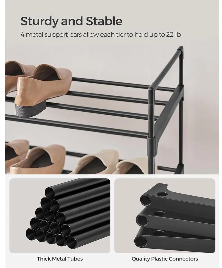 4 szintes cipőtároló állvány, fém cipőtartó 20 pár cipő számára, 92x30x73 cm, fekete