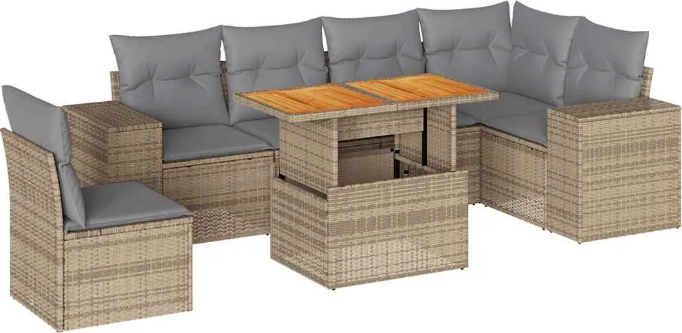 vidaXL 7 részes bézs polyrattan kerti ülőgarnitúra párnákkal