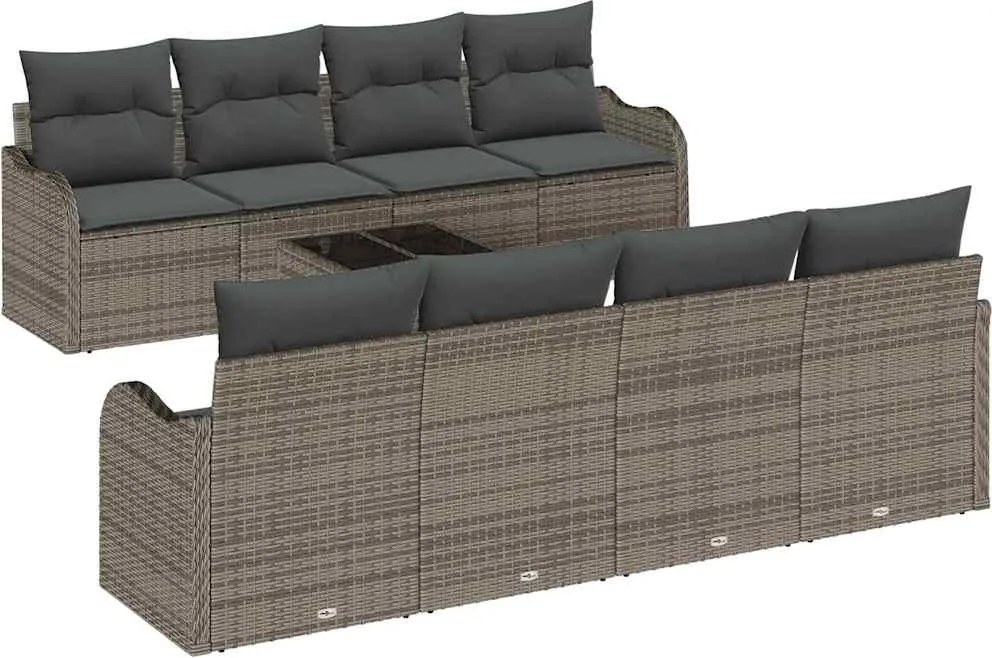 vidaXL Kerti Kanapé Szett 9 pcs Szürke Poli Rattan és Acél és Üveg