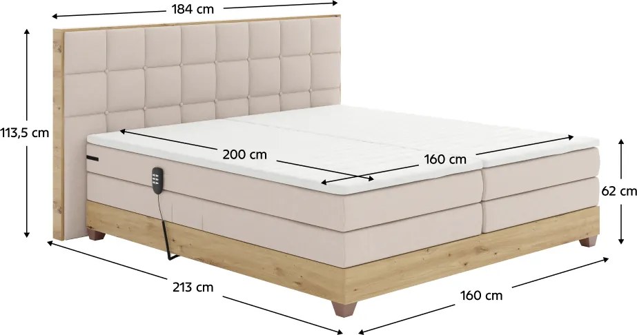 Elektromos állítható ágy, boxspring, bézs/artisan tölgy, 160x200, TIANA
