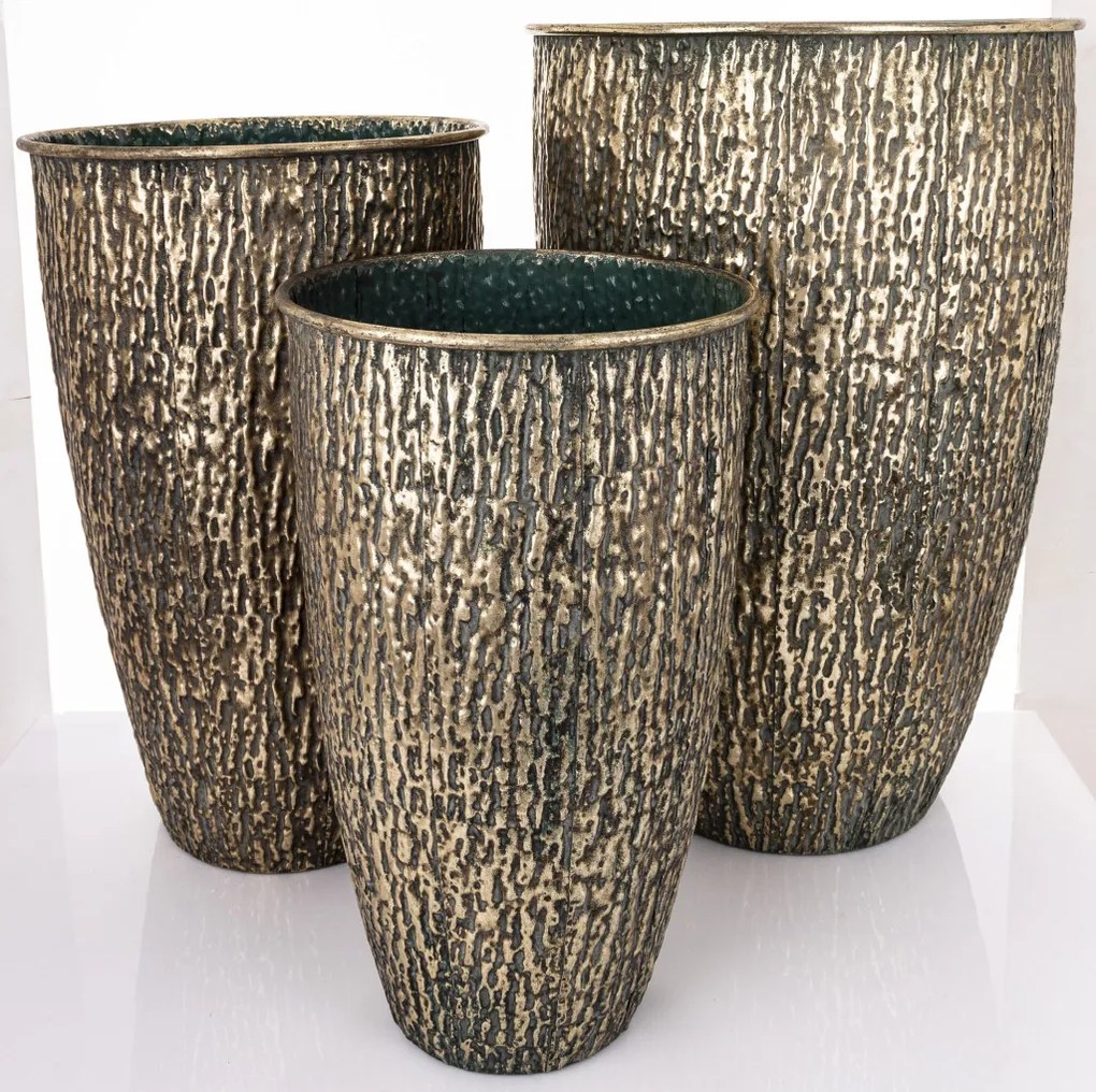 Kaspó 3 db-os szett, arany, zöld fém 61x41x41; 54x34x34; 46x28x28cm