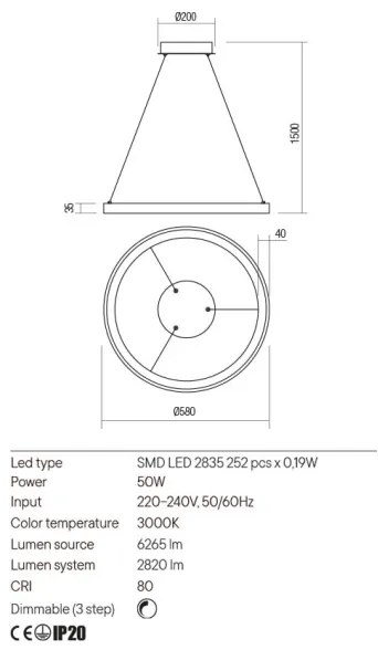 Redo 01-2673-LED Dimmelhető csillár zsinóron ICONIC LED/50W/230V átm. 58 cm arany