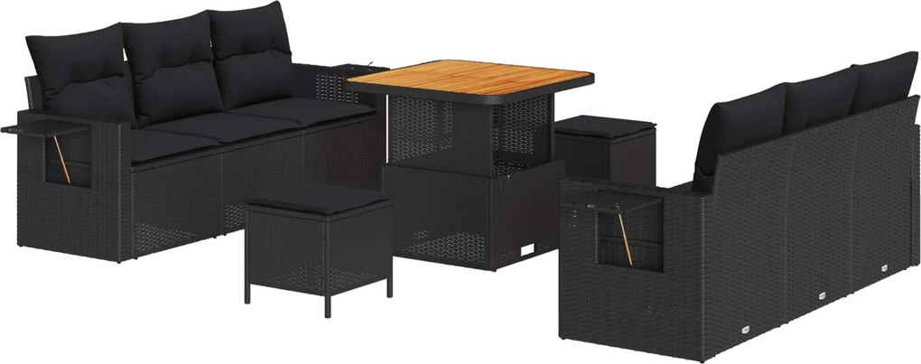 vidaXL Kerti Kanapé Szett 9 pcs Fekete Poli rattan és porbevonatú acél