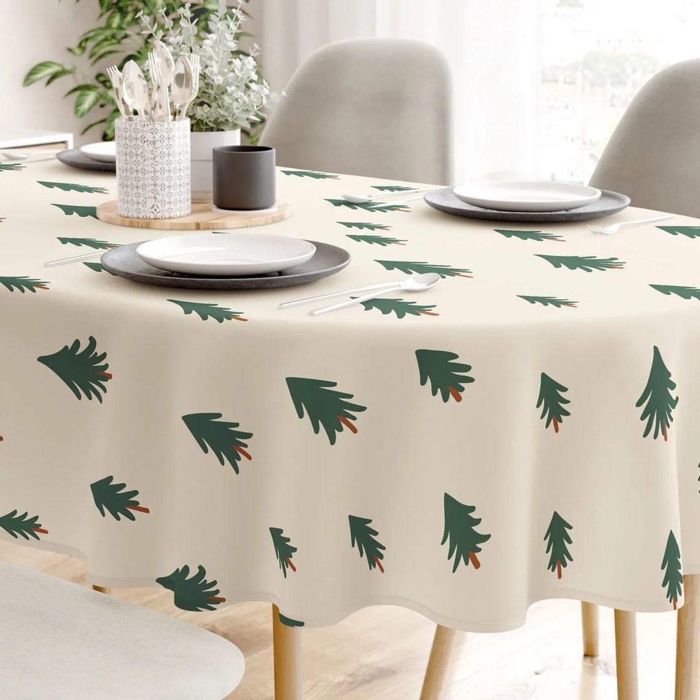 Goldea karácsonyi asztalterítő - extra erős 100% - os pamut - karácsonyfák bézs alapon - ovális 120 x 200 cm