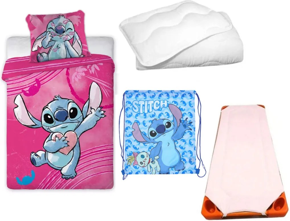 Disney Lilo és Stitch, A csillagkutya Heartbeat Scrump gyerek, ovis ágyneműhuzat, derékalj, tornazsák és paplan/párna szett 100x135 cm 40x60 cm