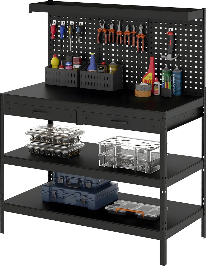 HOMCOM munkapad szerszámos fallal — nehéz teherbírású munkapad 2 fiókkal és 2 állítható polccal, 272 kg teherbírás, 122 x 61 x 156 cm, fekete | Aosom