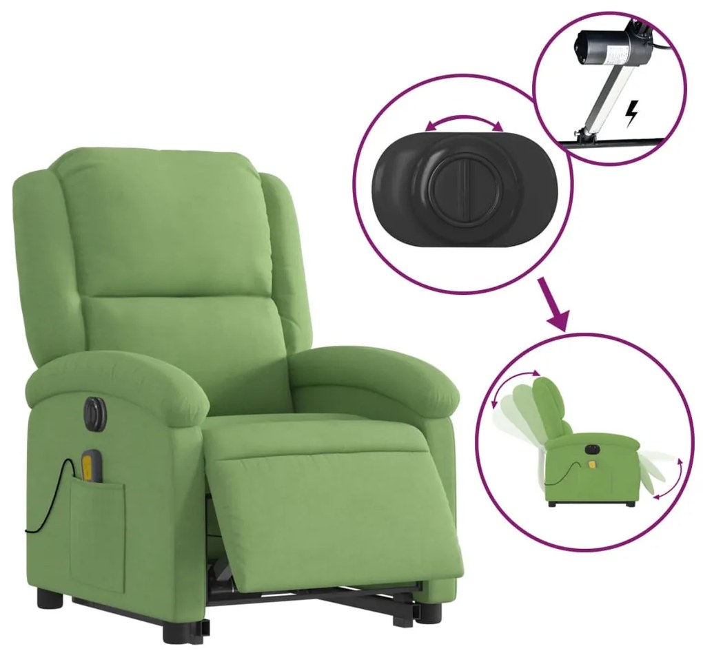 elektromos felállást segítő világoszöld bársony masszázsfotel