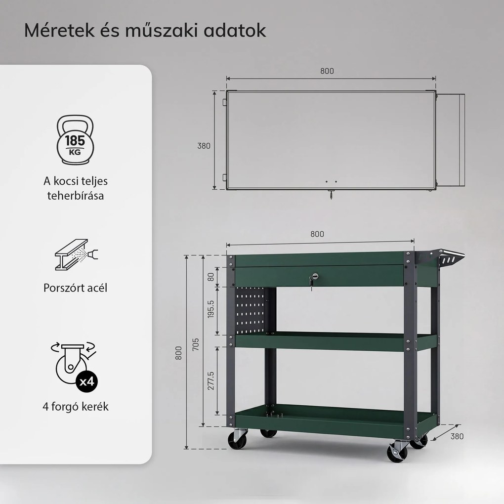 Műhelyi szerszámkocsi fiókkal, görgőkön, üvegzöld, 800x800x380 mm: FRED