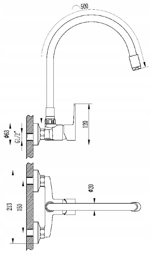 Invena Verso, falra szerelhető konyhai csaptelep 150mm elasztikus karral, szürke-króm, INV-BC-82-E5S-L