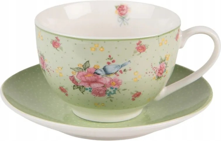 Zöld porcelán csésze és csészealj virágokkal és madárkával Cheerful Bird