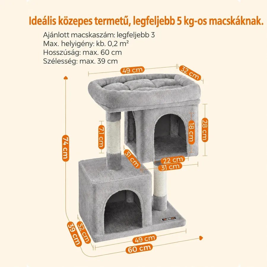 FEANDREA macskakaparó 2 barlanggal és nagy kilátóval, 74 cm – világosszürke
