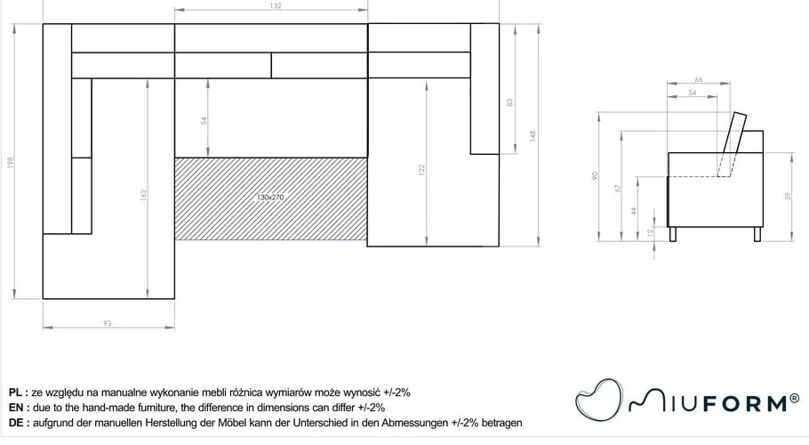 Stylish Stan sötétkék kinyitható U alakú bársony kanapé, bal oldali - Miuform