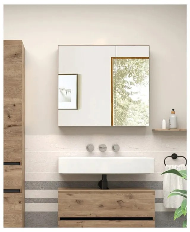 Natúr színű fali tükrös fürdőszoba szekrény tölgyfa dekorral 80x70 cm Wisla – Støraa