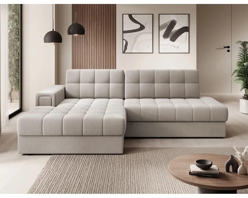 Bézs bársony kinyitható sarokkanapé (bal oldali-heverő résszel) Blezalt – ELTAP