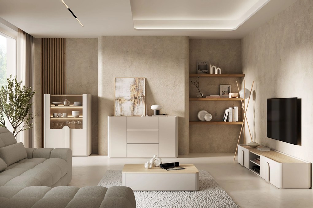 Amilio vitrines szekrény 100 cm kétszárnyú - kasmír / olajozott tölgy / kasmír fogantyúk