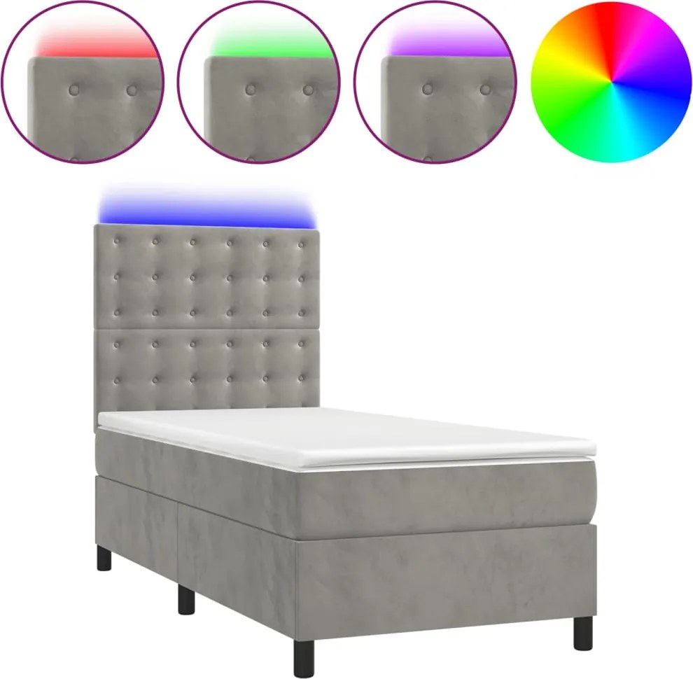 vidaXL világosszürke bársony rugós és LED-es ágy matraccal 80 x 200 cm