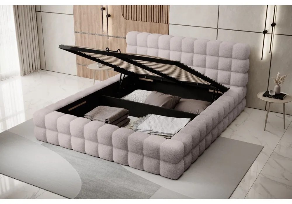 Világos rózsaszín kárpitozott ágyneműtartós franciaágy ágyráccsal 160x200 cm Dizzle – ELTAP