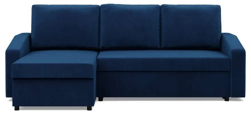 Zeus sarokkanapé, 2 ágyneműtartóval, döntött kartámasz, bársony, univerzális oldal, hab töltet, kék