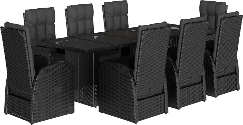 vidaXL 9 részes fekete polyrattan kerti étkezőgarnitúra párnákkal
