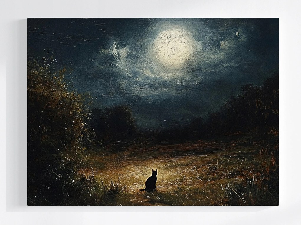 Poszter Nokturn Éjszaka Telihold Rét Fekete Macska 80x60