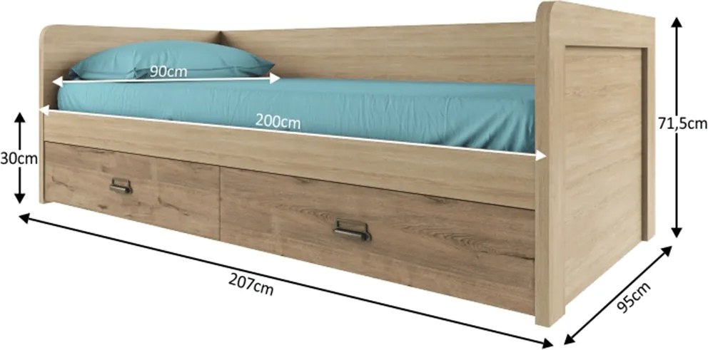 Ágy, madura tölgyfa/wellington, 90x200, DIAZ