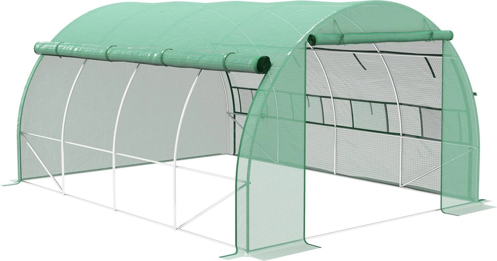 Outsunny Polytunnel Üvegház 4 x 3 x 2 m Fekvő Üvegház Rolós Borítással Film Tunnell Üvegház UV Védelemmel Acél Cső Zöld | Aosom