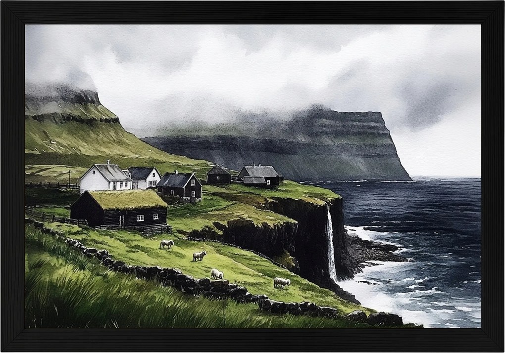 Poszter Keret Fa Tájkép Feröer-szigetek Település Házak Vízesés Hegyek 60x40
