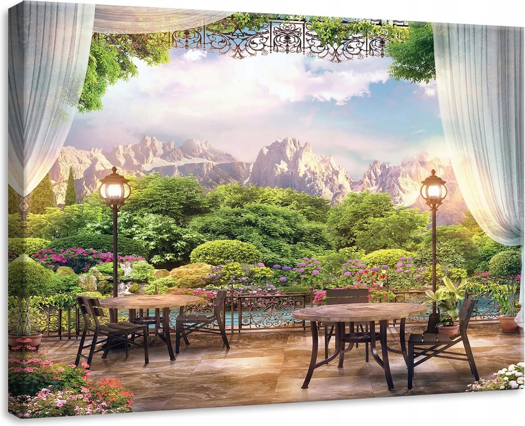 Vászonkép 70x50 Hangulatos terasz kilátás a hegyekre virágzó kert természet romantikus