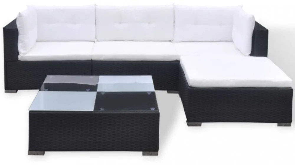 vidaXL 5-részes fekete polyrattan kerti bútorszett párnákkal