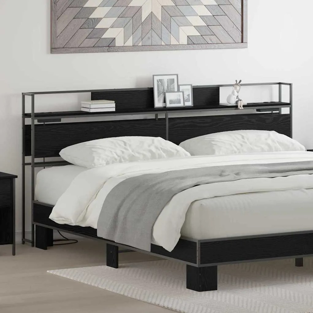 Tároló fejtámla polcokkal tárolóval Musta tammi 200 cm Faanyag