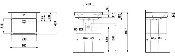LAUFEN H8189520001041 - PRO 60x48 cm kerámia mosdó, asztalra/fali, fehér