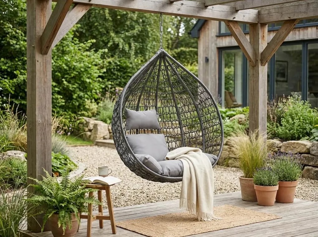 Szürke függőszék KOKON állvány nélkül, világos párna