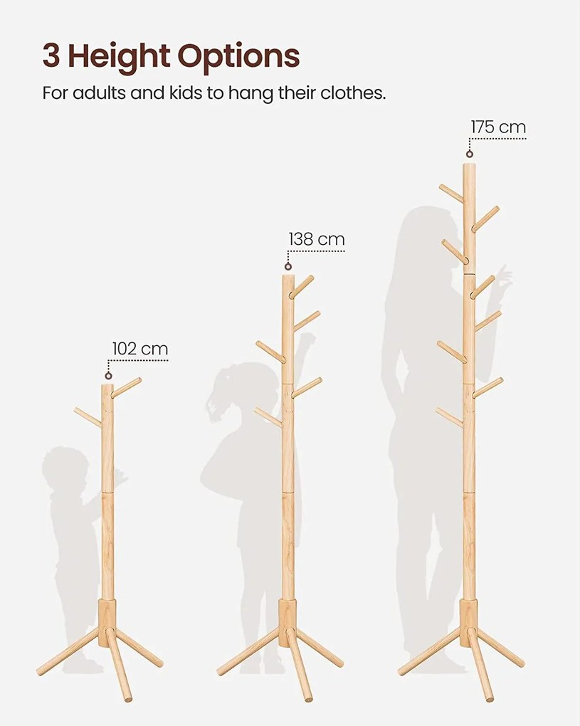 Tömör fa kabáttartó 8 kampóval 175cm magas