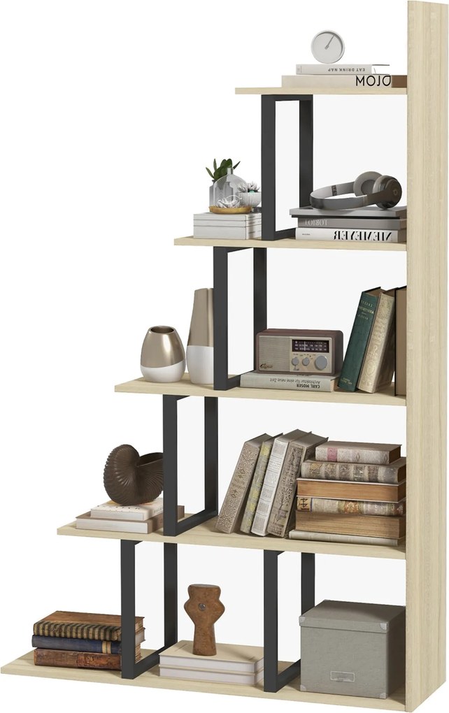 HOMCOM Ipari Stílusú Lépcsős Könyvespolc Szobaelválasztó 5 Polccal 102 x 30 x 160 cm Tölgy | Aosom
