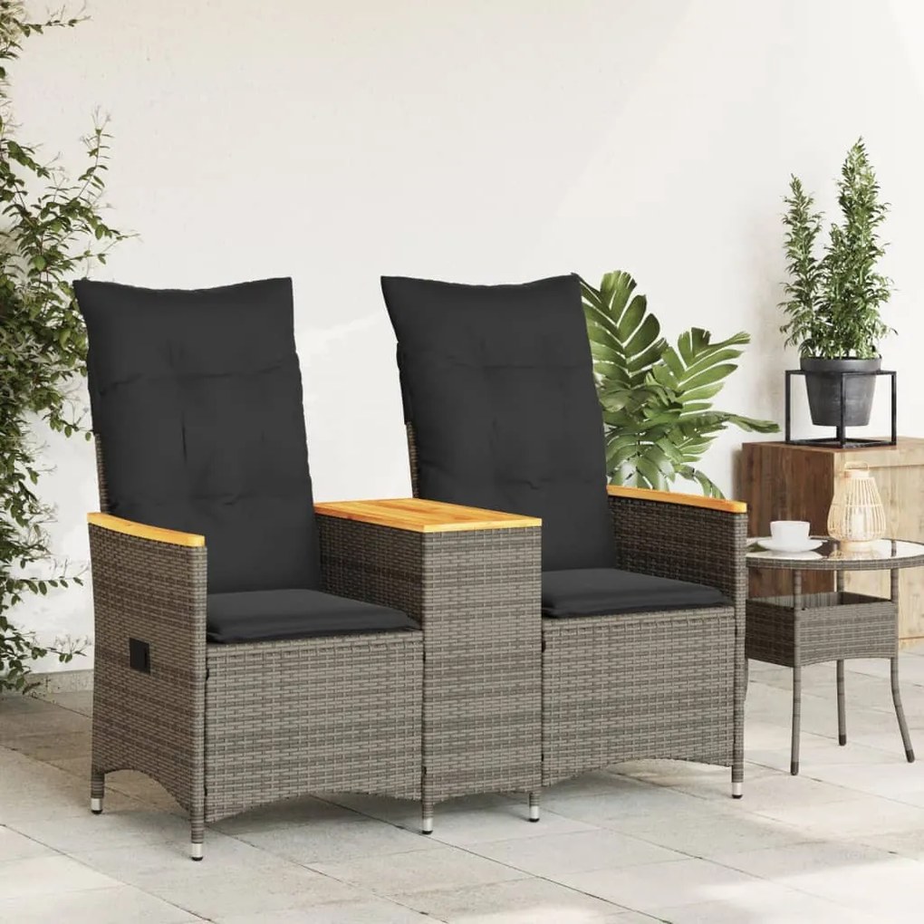 2 személyes szürke polyrattan dönthető kerti kanapé asztallal