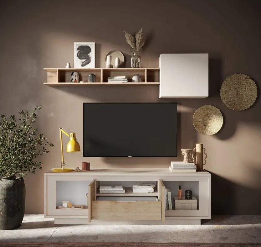 SKY 2.0 TV-szekrény 2 ajtóval és 1 fiókkal, kasmír színű laminált vázzal, Cadiz tölgy mintázatú előlapokkal