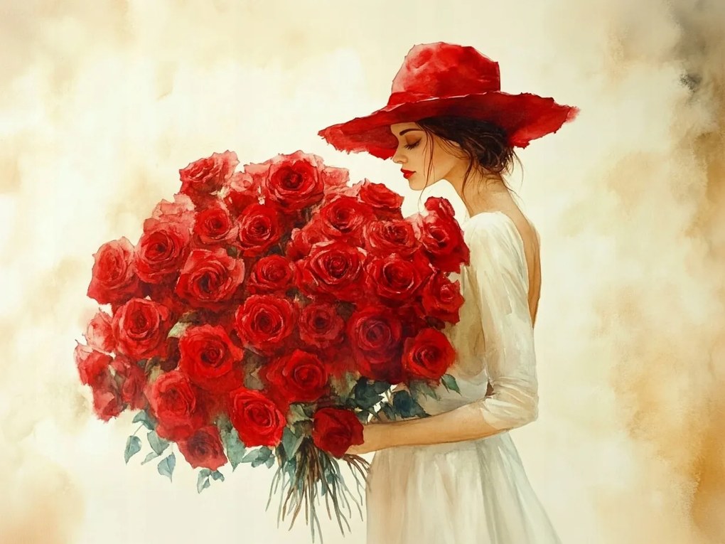 Canvas Vászonkép Nő Piros Kalapban Rózsákkal 80x60