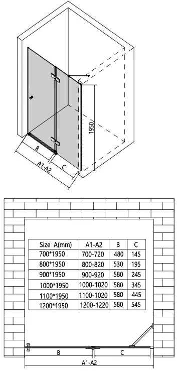 Erga Bern, 1-szárnyú osztott zuhanyajtó nyitásra 70x195 cm, 6mm átlátszó üveg, fekete profil, ERG-V02-BERN-D070-BK