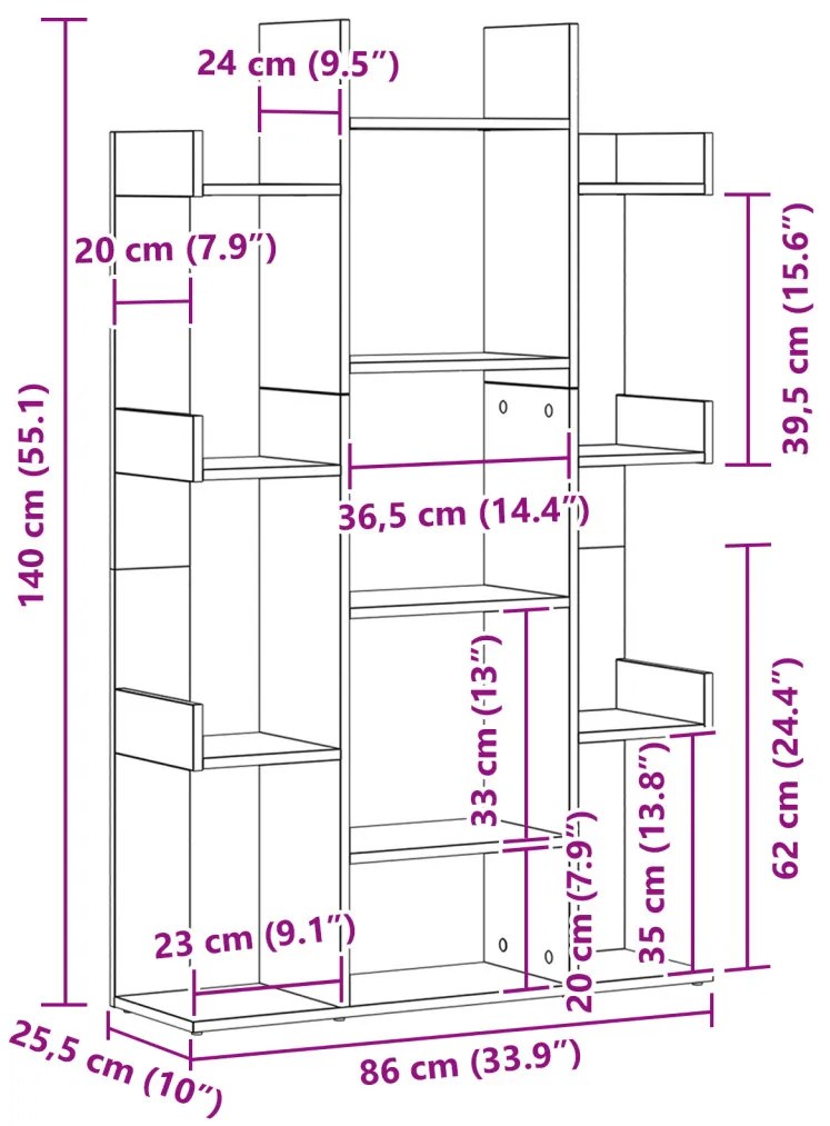 Fekete Tölgy Könyvespolc 86x25,5x140 cm Ipari Fa