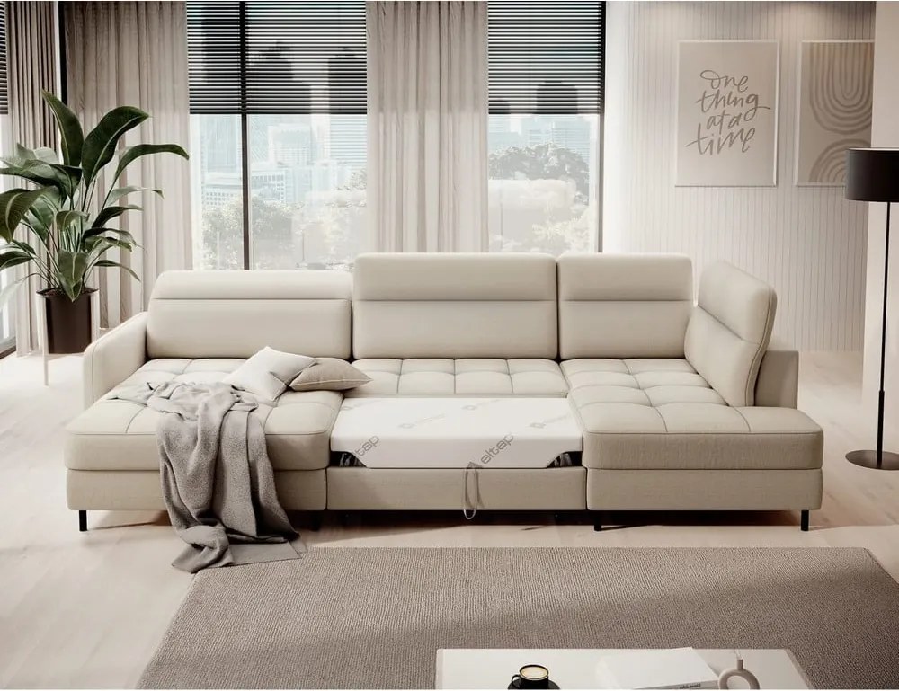 Bézs bársony kinyitható-tárolóhelyes sarokkanapé (jobb oldali-U alakú) Berrto – ELTAP