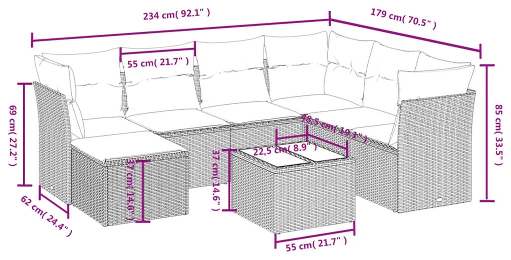 8 részes fekete polyrattan kerti ülőgarnitúra párnákkal