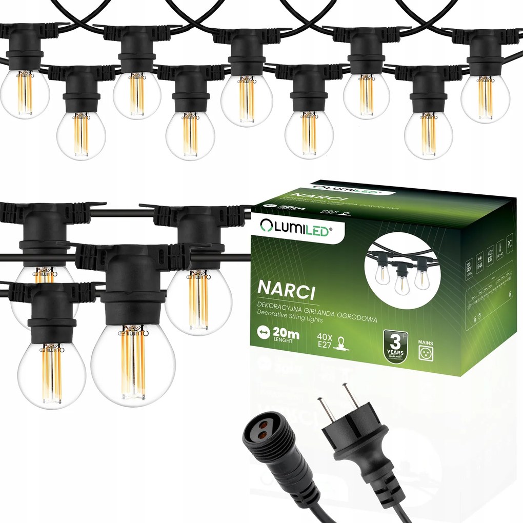 Kerti girland Kültéri Dekoratív Fénylánc 40x Led Izzó 20m