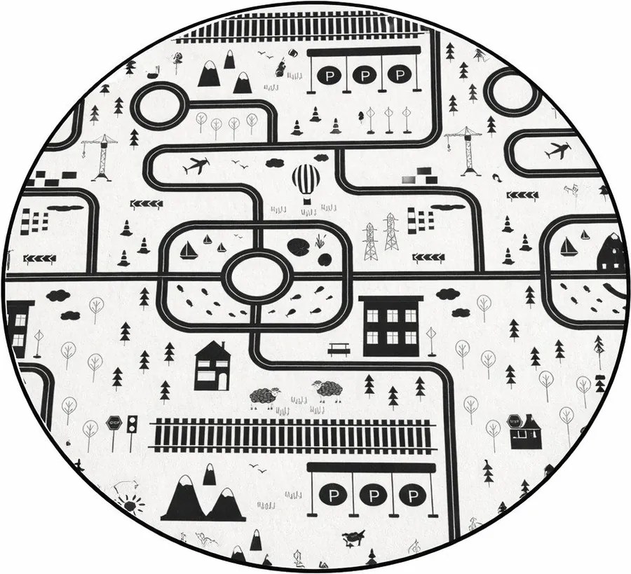 Fekete-fehér mosható gyerek játszószőnyeg ø150 cm In My Town – Mila Home