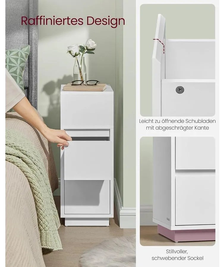 Keskeny éjjeliszekrények, 2 darabos szett,2 fiókkal balra vagy jobbra szerelhető, felhő fehér