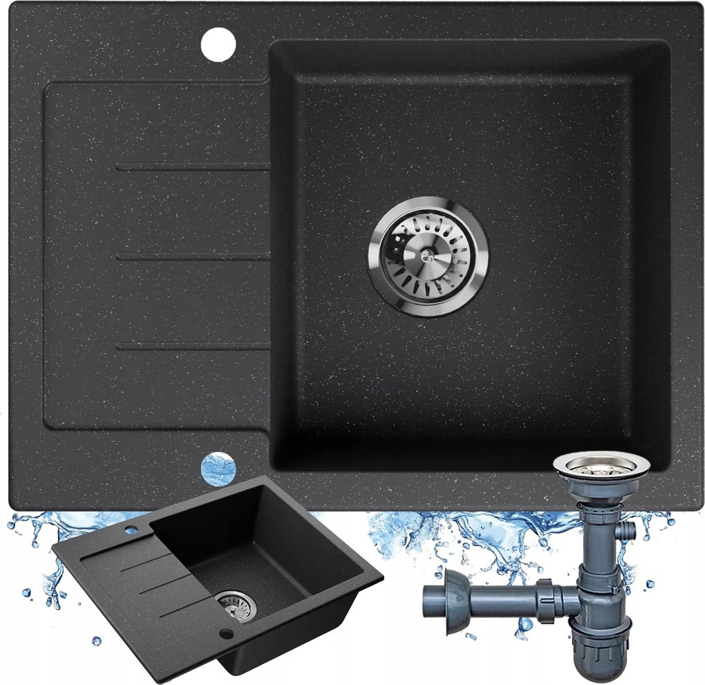 Fekete, pettyes gránit mosogató, kis, egykamrás mosogató szifon