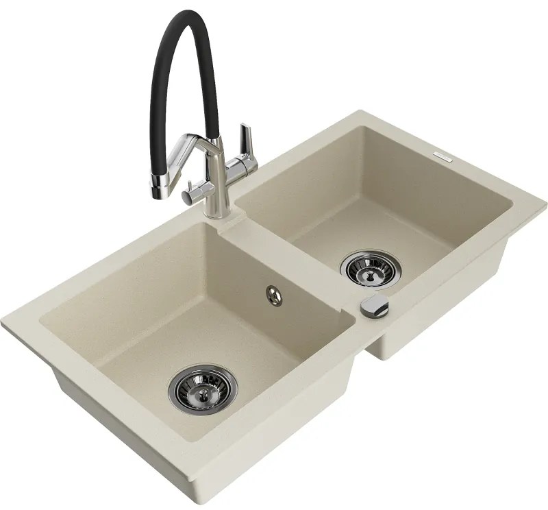 Mexen Mario gránit kétmedencés mosogató Duo konyhai csapteleppel, bézs - 6504-69-671701-07-B