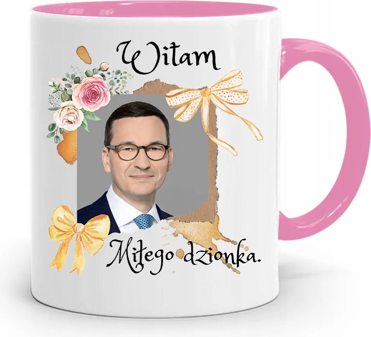 Rózsaszín Politikai Bögre Mateusz Morawiecki Miniszterelnök fényképes nyomtatással