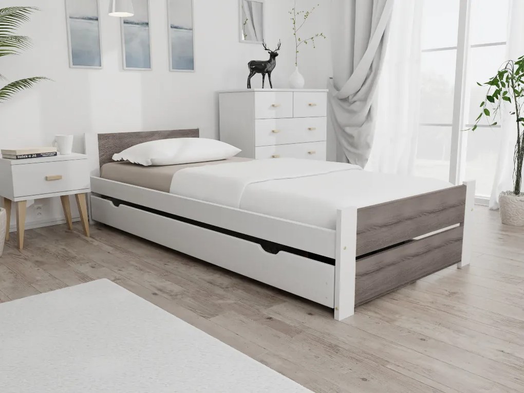 IKAROS DOUBLE ágy 90 x 200 cm, fehér/trüffel tölgy Ágyrács: Léces ágyrács, Matrac: Deluxe 10 cm matrac